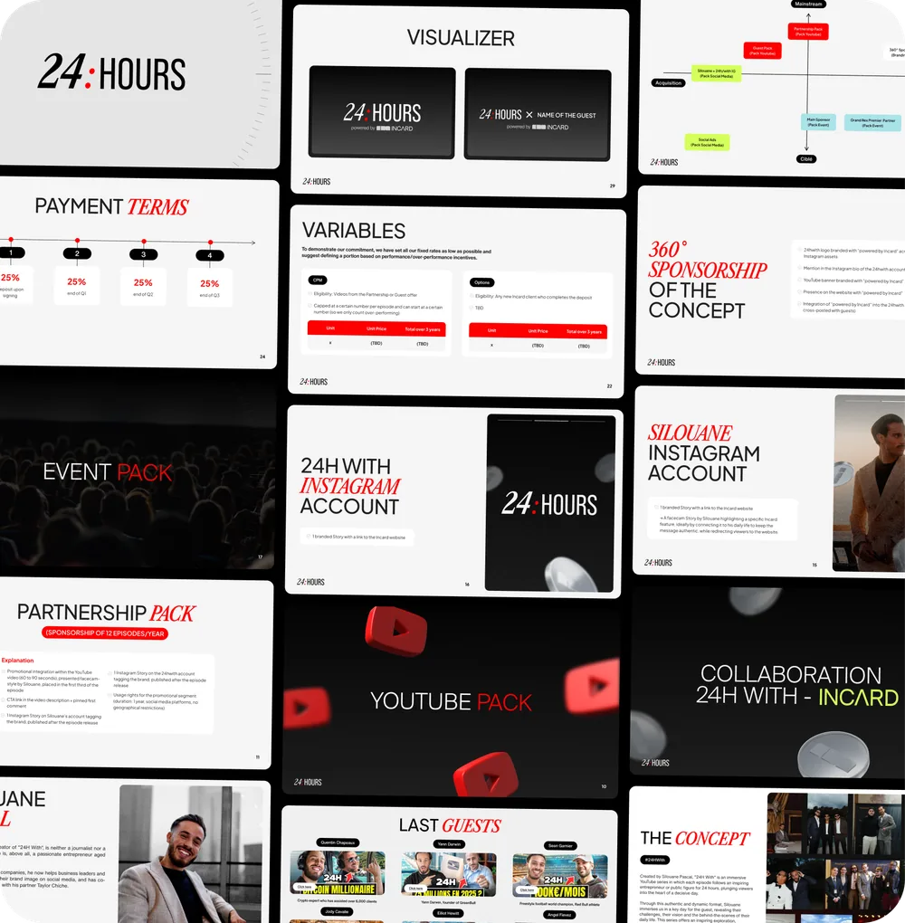 24 Hours media presentation system with bold black, red and white slide layouts, produced by our partner provider.