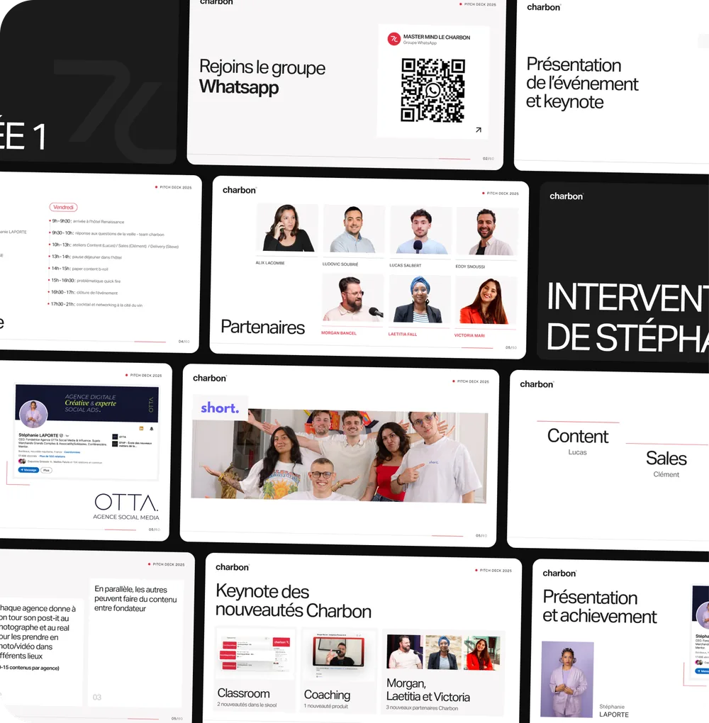 Charbon agency deck combining dark editorial pages and case study layouts, produced by our partner provider.