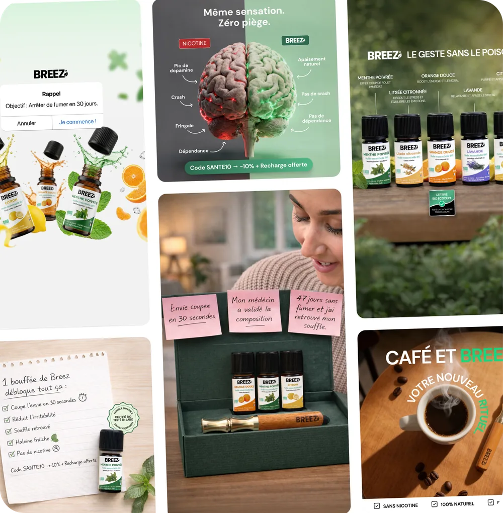Breez ecommerce ad system for supplements across social formats, produced by our partner provider.