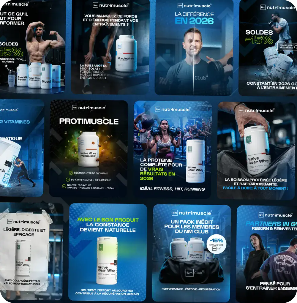 Nutrimuscle product campaign with athlete photography and promotional offers, produced by our partner provider.