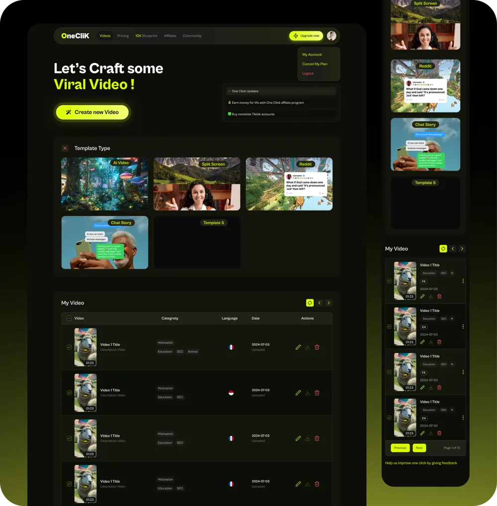 OneClik dark product interface across desktop dashboard and mobile screens, produced by our partner provider.