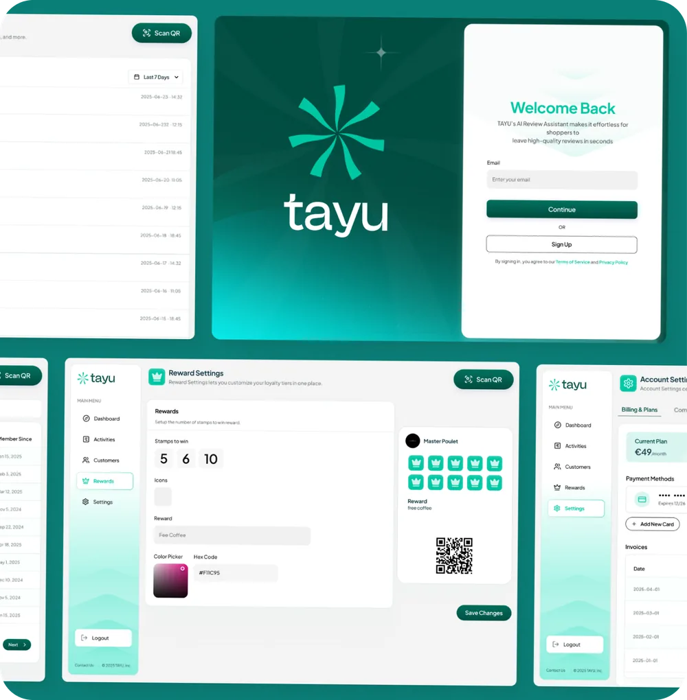 Tayu SaaS interface showing analytics, messaging and account management screens, produced by our partner provider.