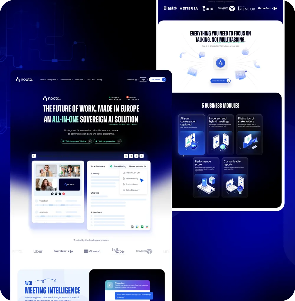 Noota SaaS website and product dashboard layouts in a dark blue visual system, produced by our partner provider.