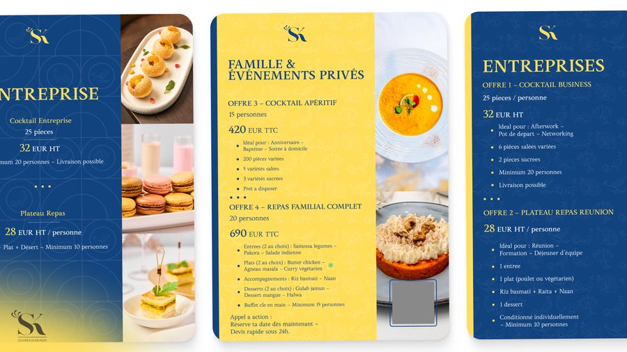 Printed offer cards for SK Réception in navy and gold, listing catering packages alongside food photography.