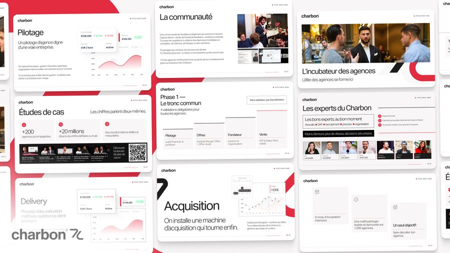 Pitch deck spreads for Charbon, covering positioning, case studies, delivery process and team pages.