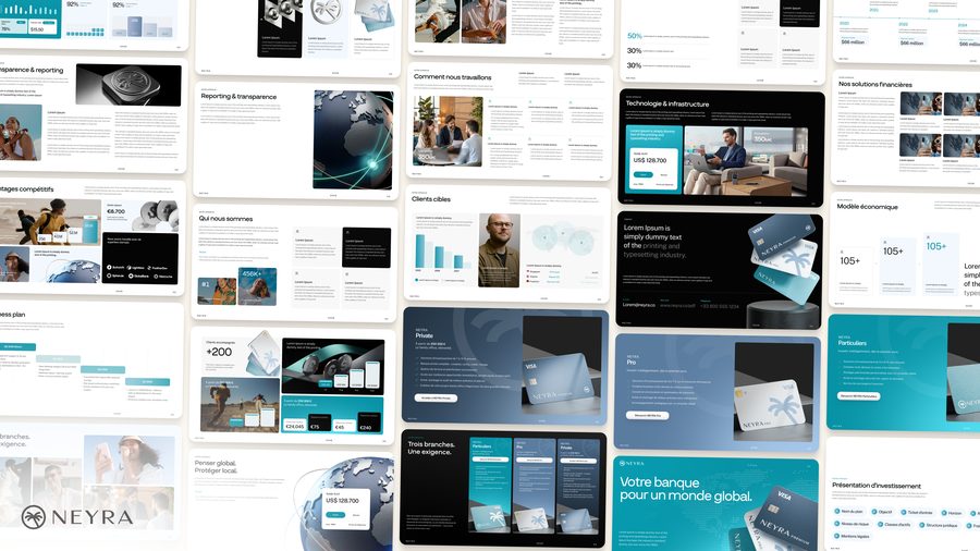 Investor presentation spreads and payment card visuals for the Neyra banking brand.
