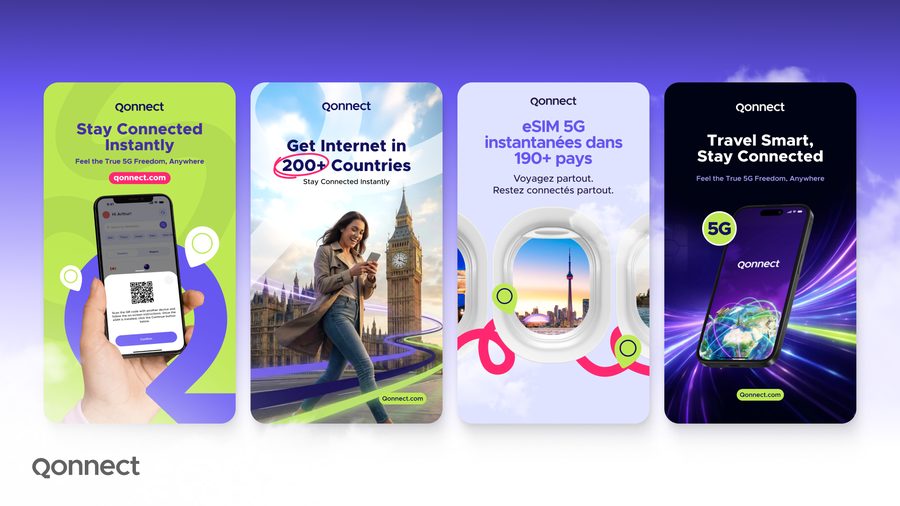 Four vertical ad creatives for the Qonnect eSIM brand, each pairing product screens with travel photography.