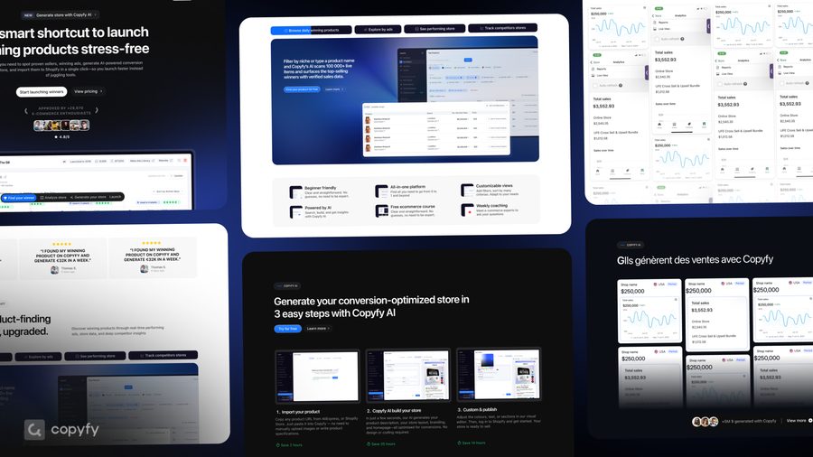 Landing page and marketing web design for Copyfy, including feature sections, dashboards and testimonial blocks.