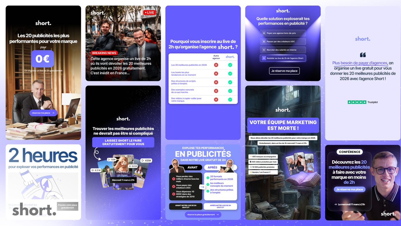 Static ad creatives and social posts for Agence Short, built as a single campaign set across vertical and square formats.