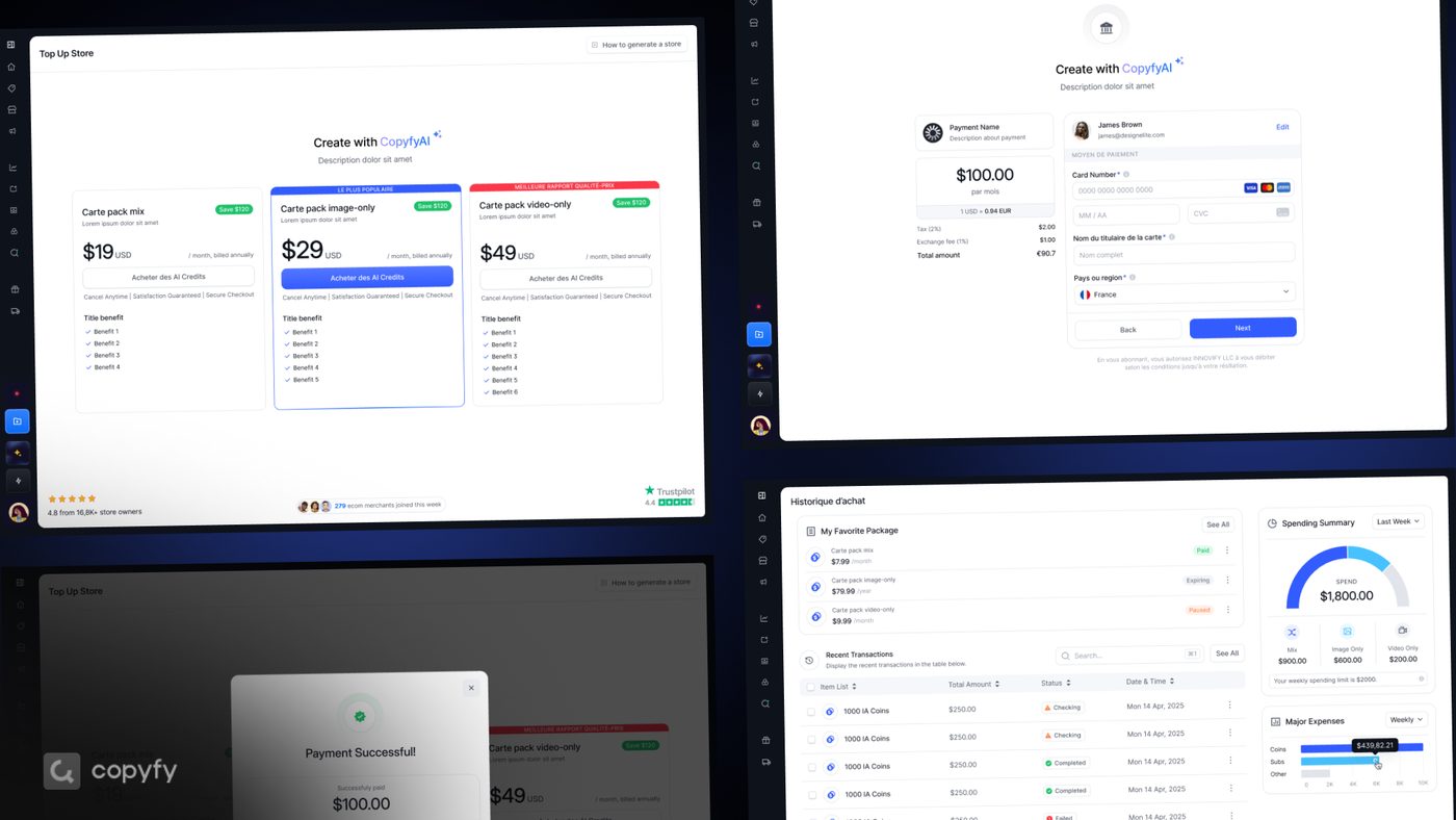 Product interface work for Copyfy: pricing tiers, checkout flow, payment confirmation and a spending dashboard.