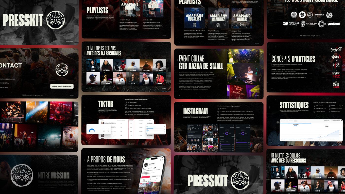 Press kit spreads for the Outlawz music platform, covering mission, audience statistics and event collaborations.