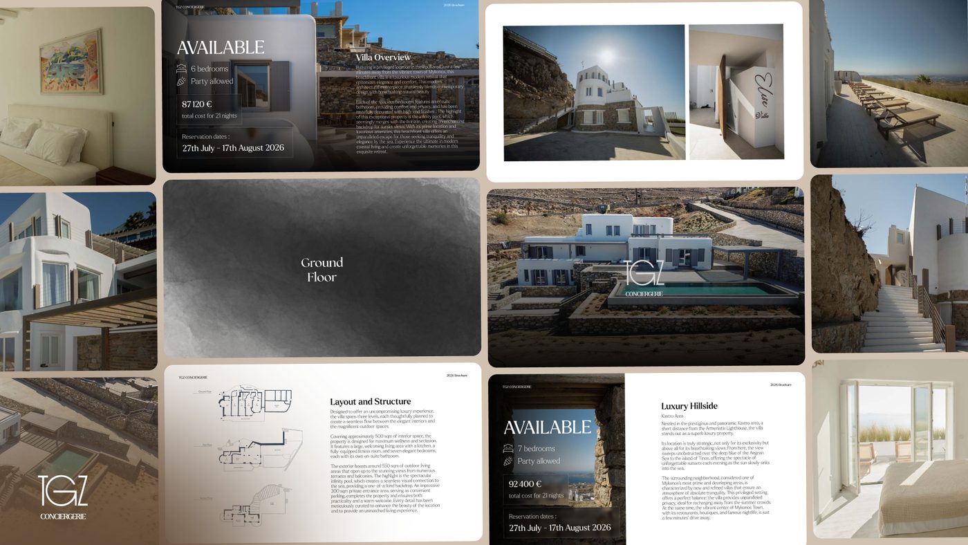 Villa brochure spreads for TGZ Conciergerie, pairing architectural photography with floor plans and availability panels.